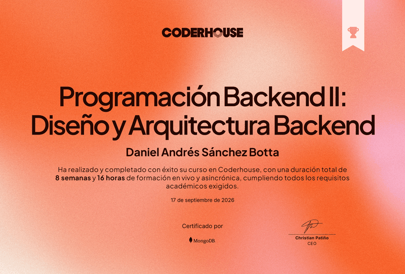 Certificado Programación Backend II: Diseño y Arquitectura Backend - Coderhouse